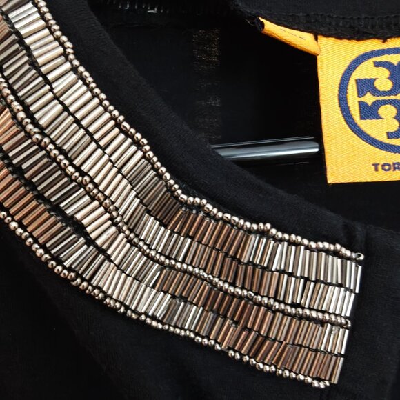 Tory Burch Black Beaded Collar Long Sleeve Top 100% Cotton Dressy Casual- Size L - Picture 7 of 7